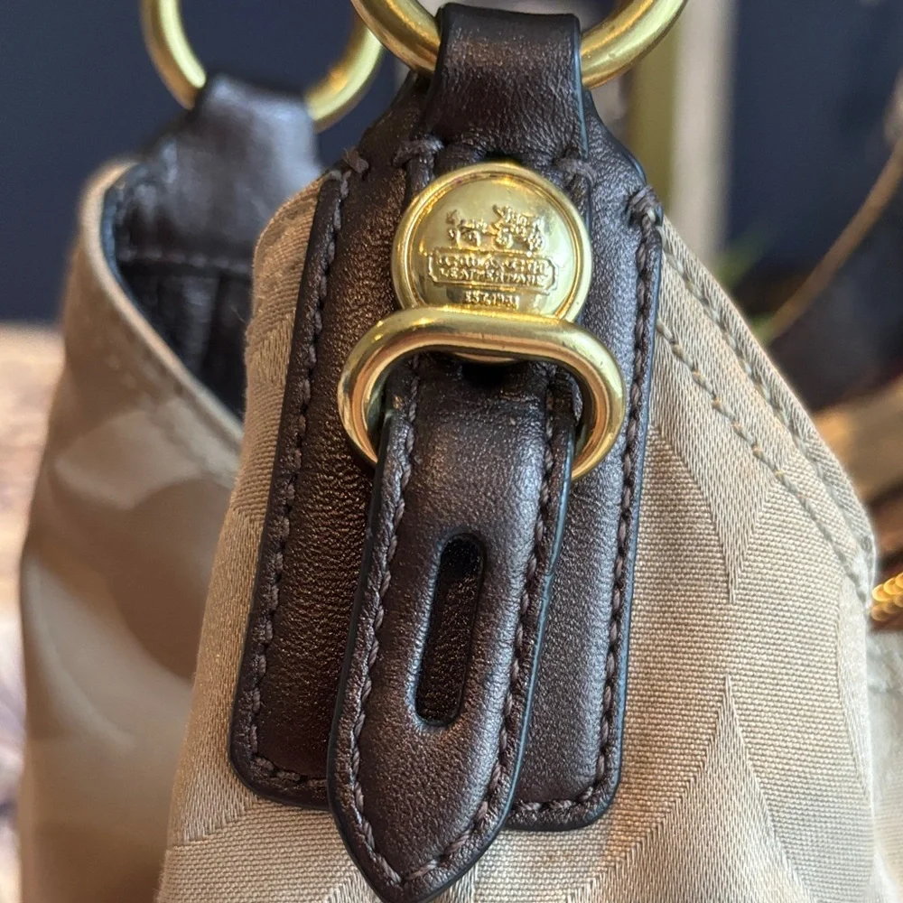 Coach Khaki Signature Jacquard Shoulder Bag with Dark Brown Trim - Picture 6 of 17